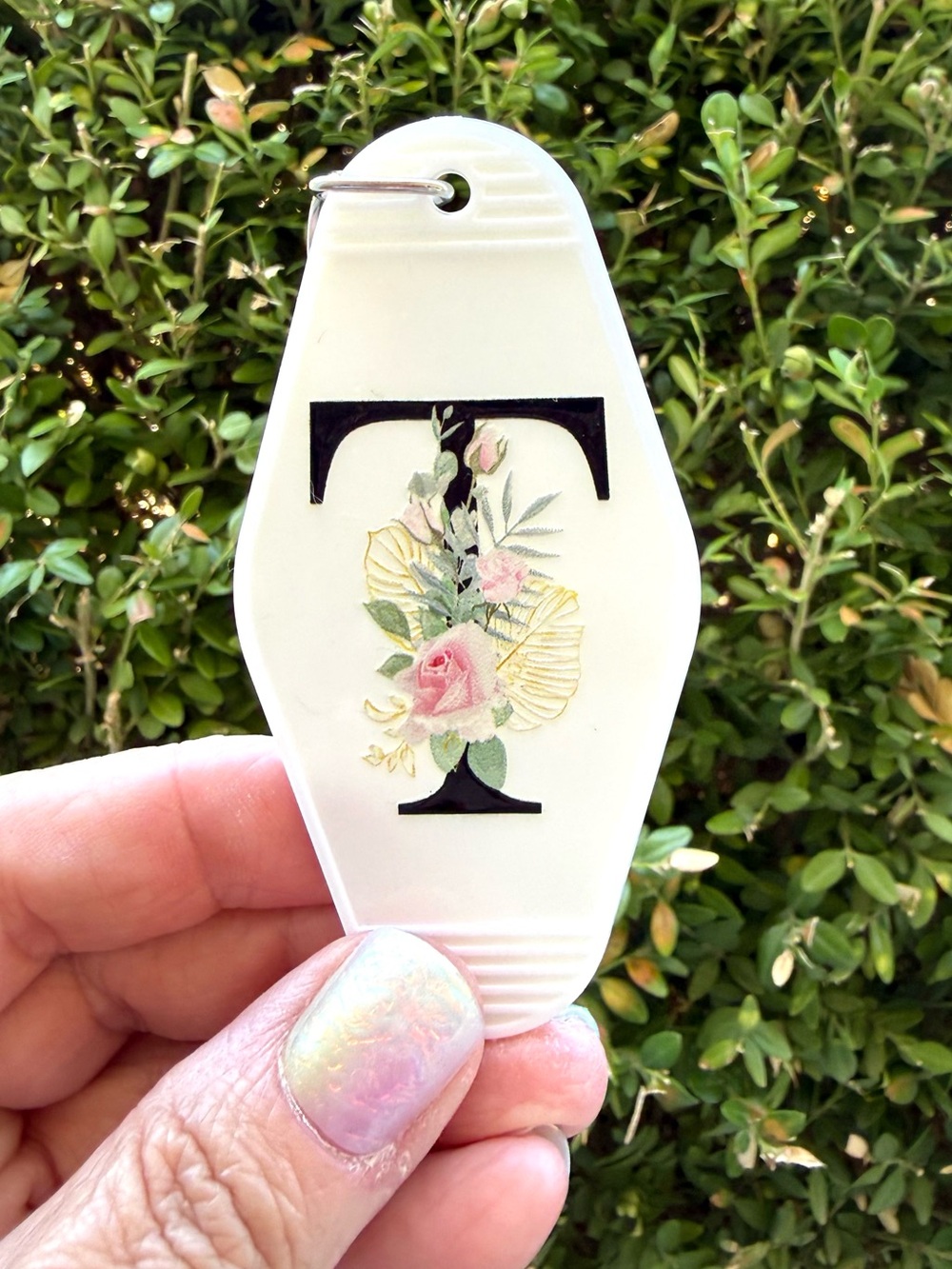 Vintage style motel key 3.5” keychain letter “T” initial floral gift idea